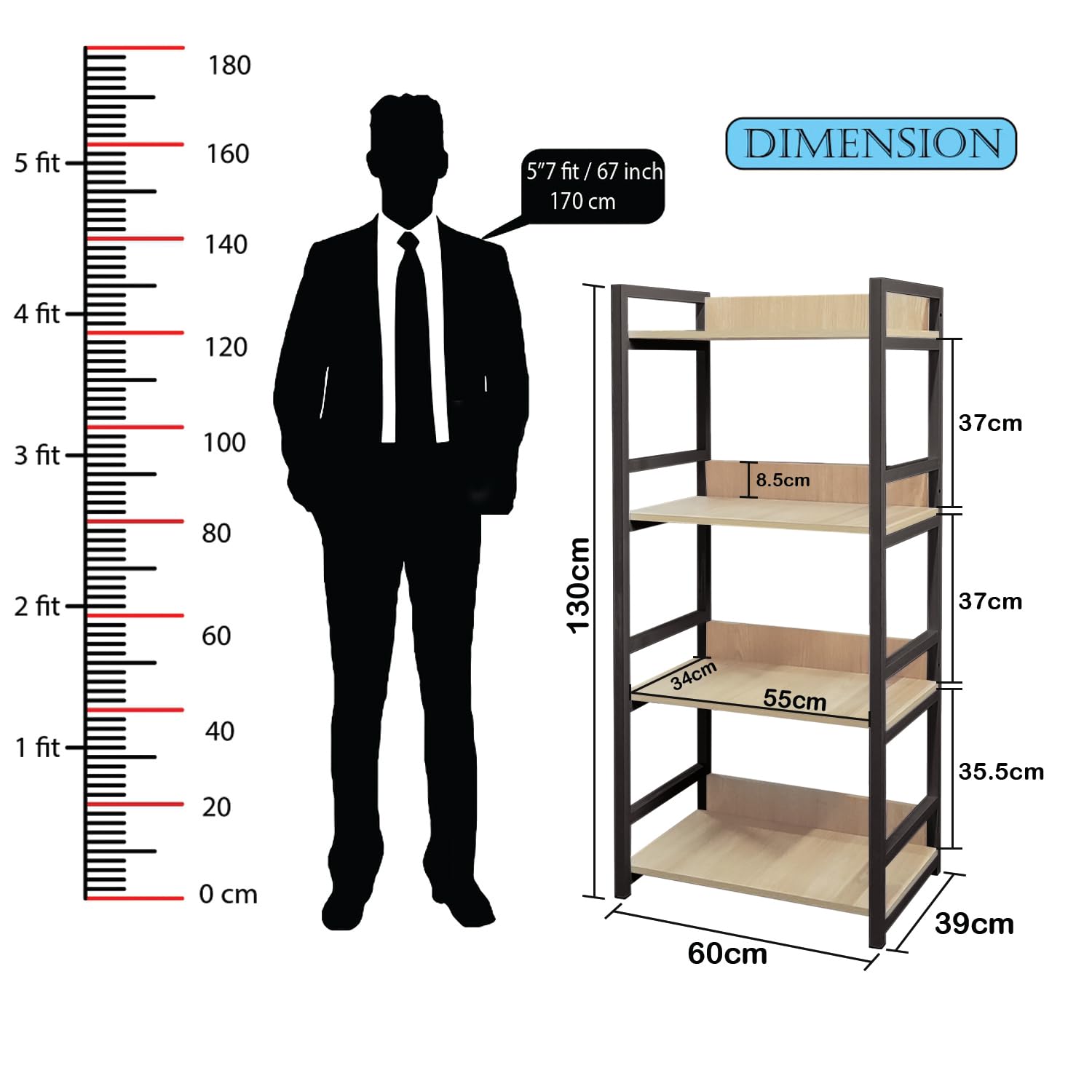 Lukzer 4-Tier Multipurpose Metal & Wood Kitchen Storage Rack (MKR-004/Oak Light with Black)