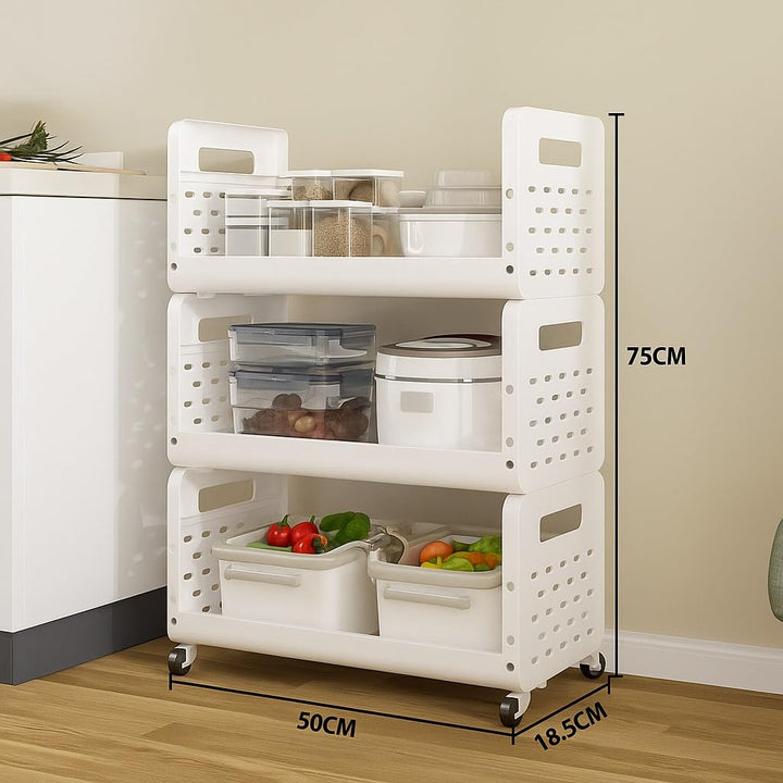 Lukzer 3-Tier Multipurpose Detachable Kitchen Storage Rack with Wheels (PMR-001/White)