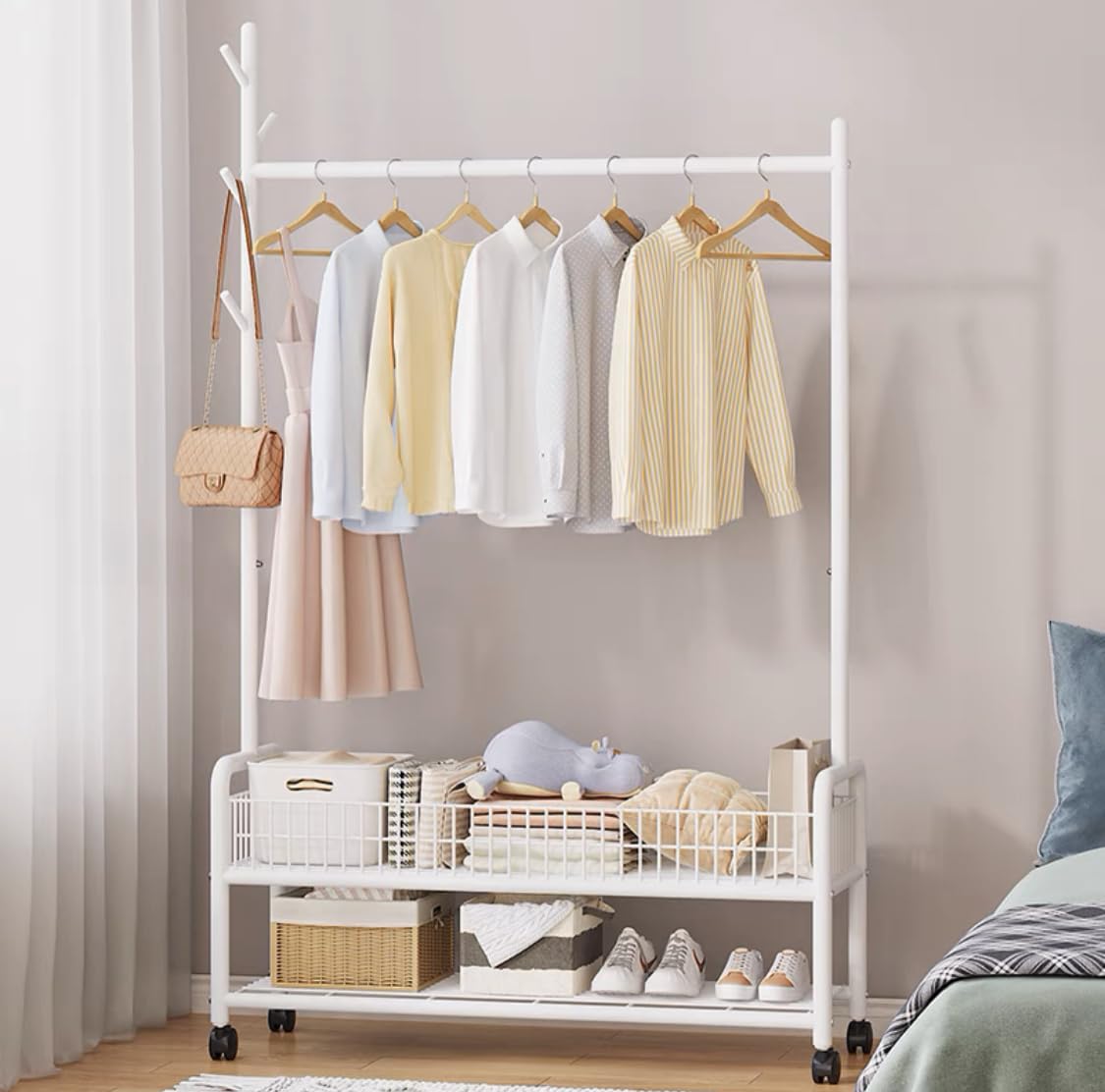 Lukzer Heavy-Duty Portable Metal Clothes Rack with Double Rod & Bottom Shelf (MGR-002/White)