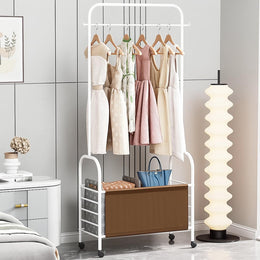 Lukzer Metal Clothes Rail Stand with Leather Storage Bin & Wheels (MGR-009/White)