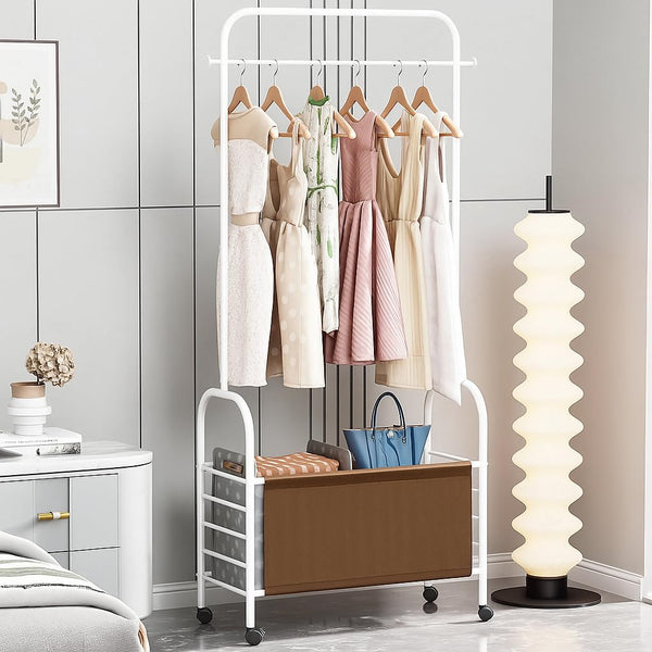 Lukzer Metal Clothes Rail Stand with Leather Storage Bin & Wheels (MGR-009/White)