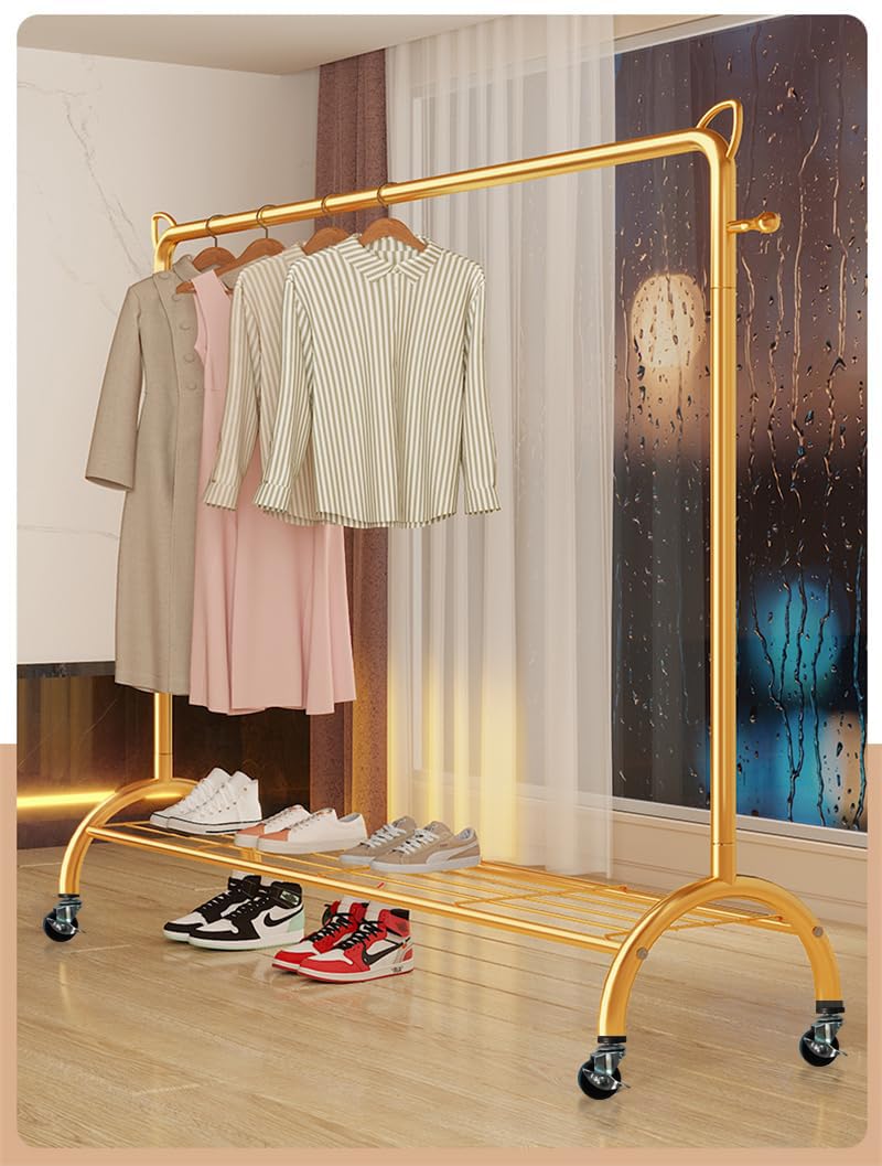 Lukzer Multi-Functional Cloth Rack Stand with Bottom Shelves & Wheels – Cat Ear Design (148x120x38cm, Black/Gold/White)