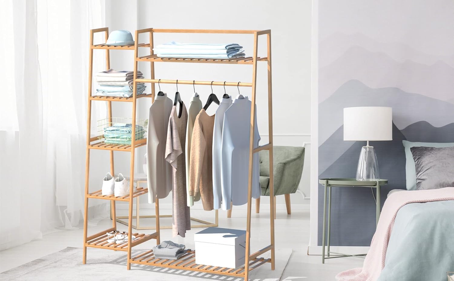 Lukzer Bamboo Clothes Organizer with Rail & 5+1 Storage Shelves (CH-491)