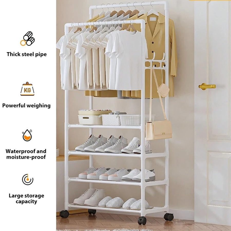 Lukzer Multi-Layer Metal Clothes Organizer Rack with Wheels (CGS-002/White)