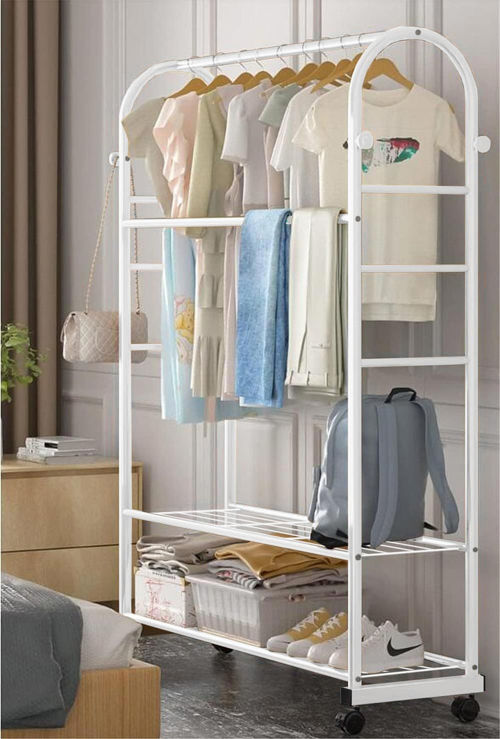 Lukzer Curved Metal Garment Stand with 2 Bottom Storage Shelves (CH-033/White)