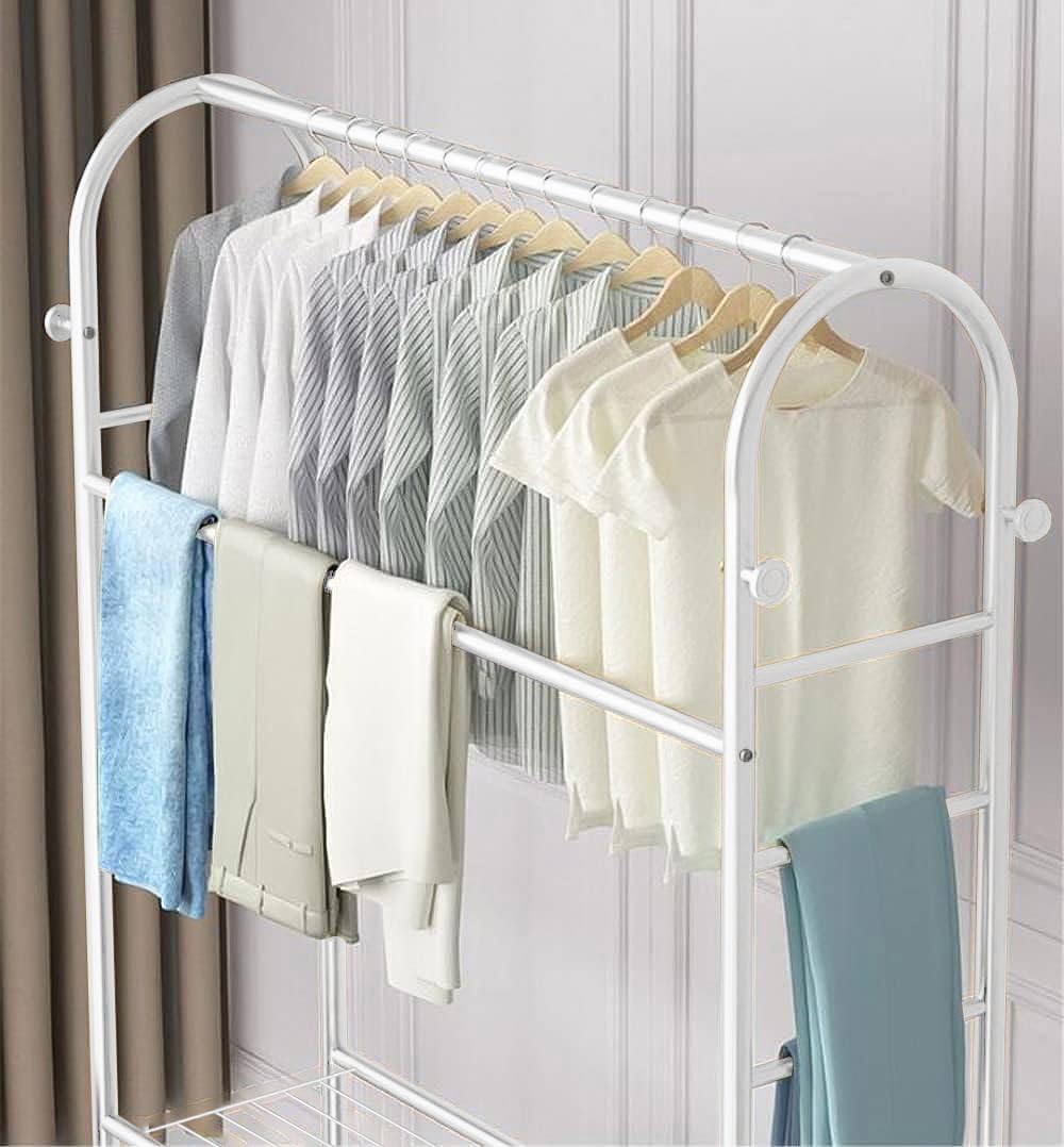 Lukzer Curved Metal Garment Stand with 2 Bottom Storage Shelves (CH-033/White)