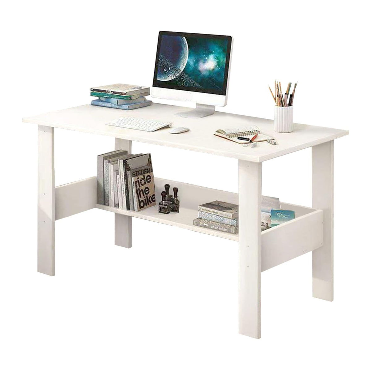 Lukzer Modern Computer Desk with Bookshelf Study Table Made with Engineered Wood (ST-005/White)