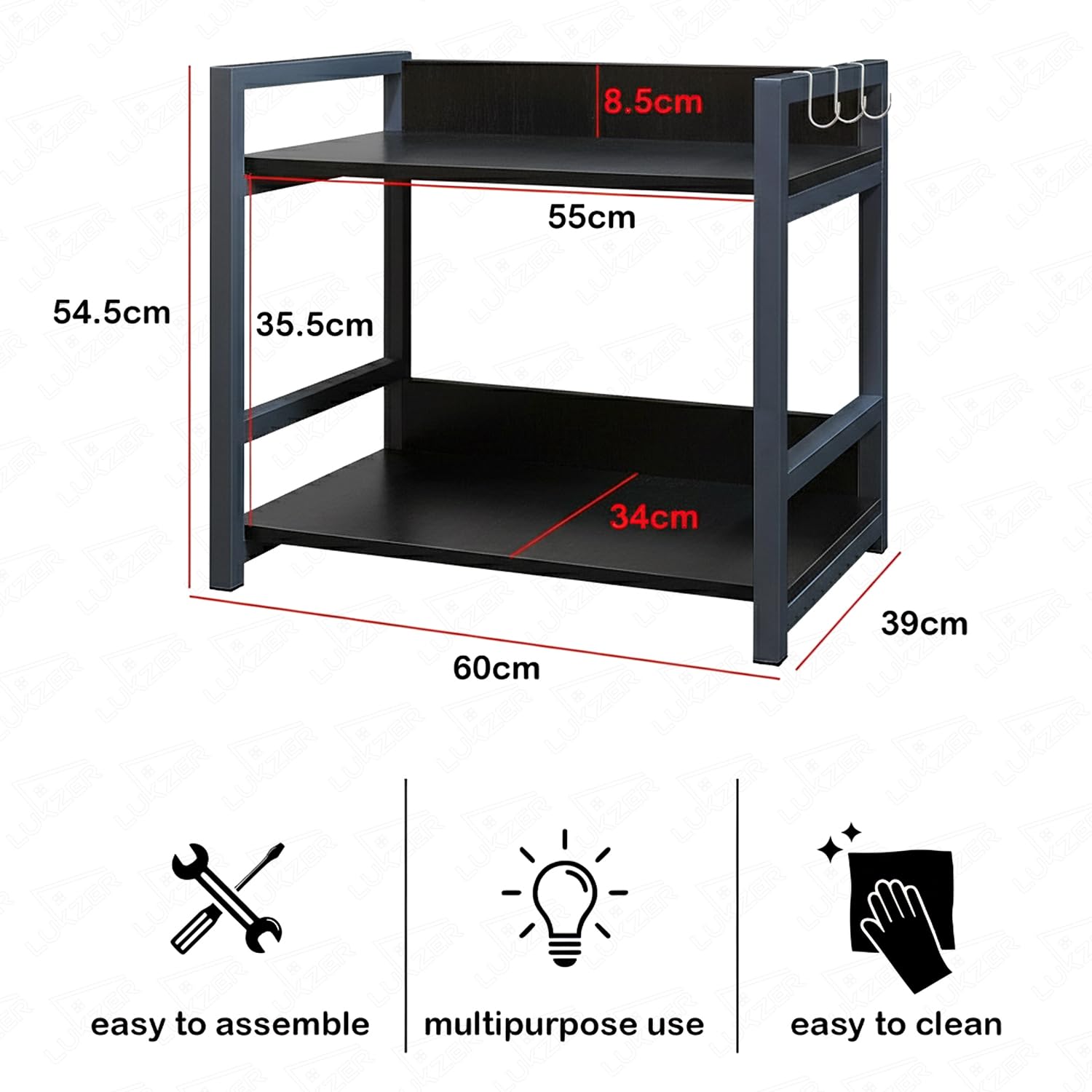 Lukzer 2-Tier Multipurpose Metal & Wood Kitchen Storage Rack (MKR-002/Black & Black)