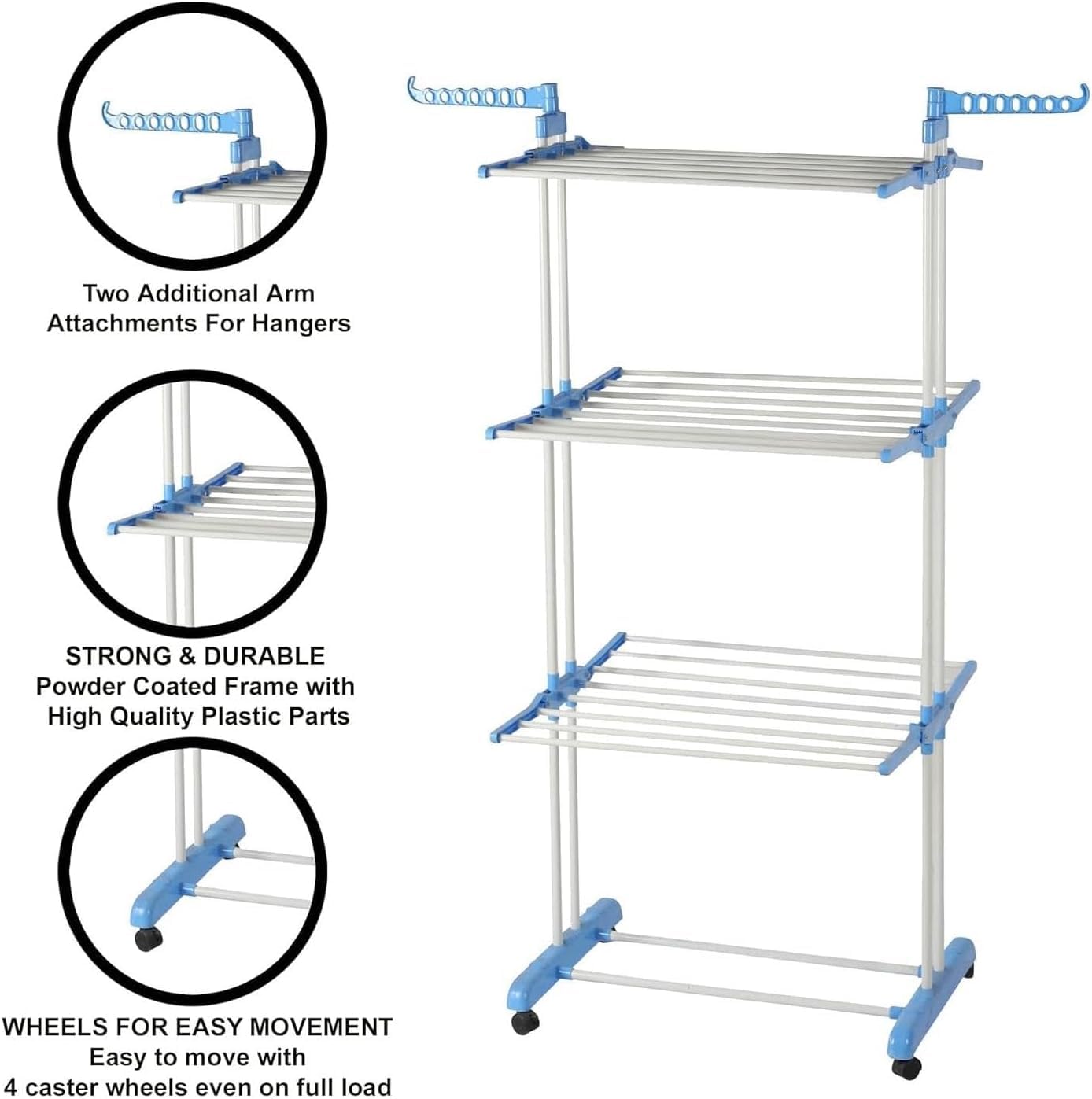 Lukzer 3-Tier Foldable Clothes Drying Rack with Wheels | Stainless Steel Laundry Stand | Space-Saving, Heavy-Duty, Rust-Resistant for Indoor Outdoor Use – Towels, Clothes, Bedsheets