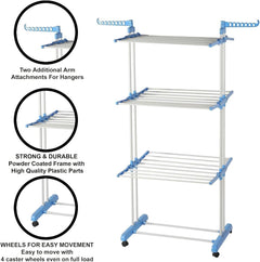 Lukzer 3-Tier Foldable Clothes Drying Rack with Wheels | Stainless Steel Laundry Stand | Space-Saving, Heavy-Duty, Rust-Resistant for Indoor Outdoor Use – Towels, Clothes, Bedsheets