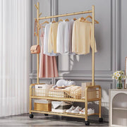 Lukzer Metal Single Rod Clothes Hanging Stand with Double Shelf & Lockable Wheels (MGR-004/Gold)