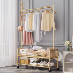 Lukzer Metal Single Rod Clothes Hanging Stand with Double Shelf & Lockable Wheels (MGR-004/Gold)