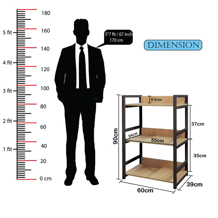 Lukzer 3-Tier Multipurpose Metal & Wood Kitchen Storage Rack (MKR-003/Oak Light with Black)