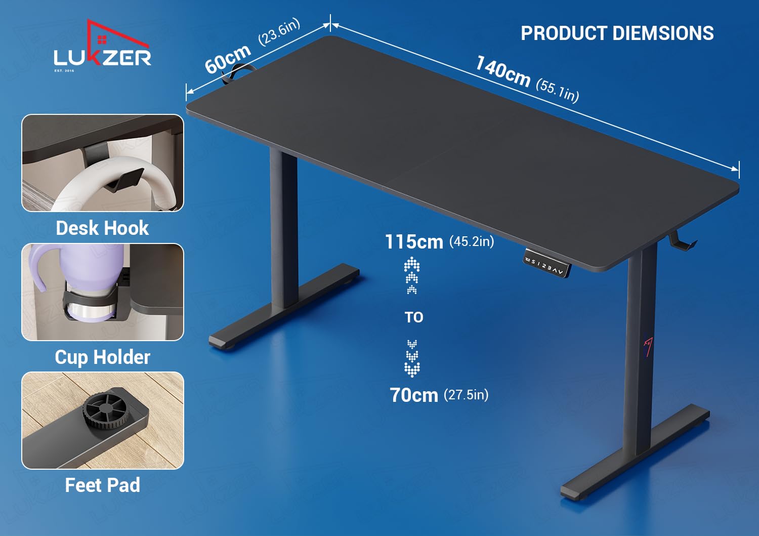 Lukzer Dual Motor Electric Height Adjustable Desk Memory Controller Standing Table EST-002/Black & Black)