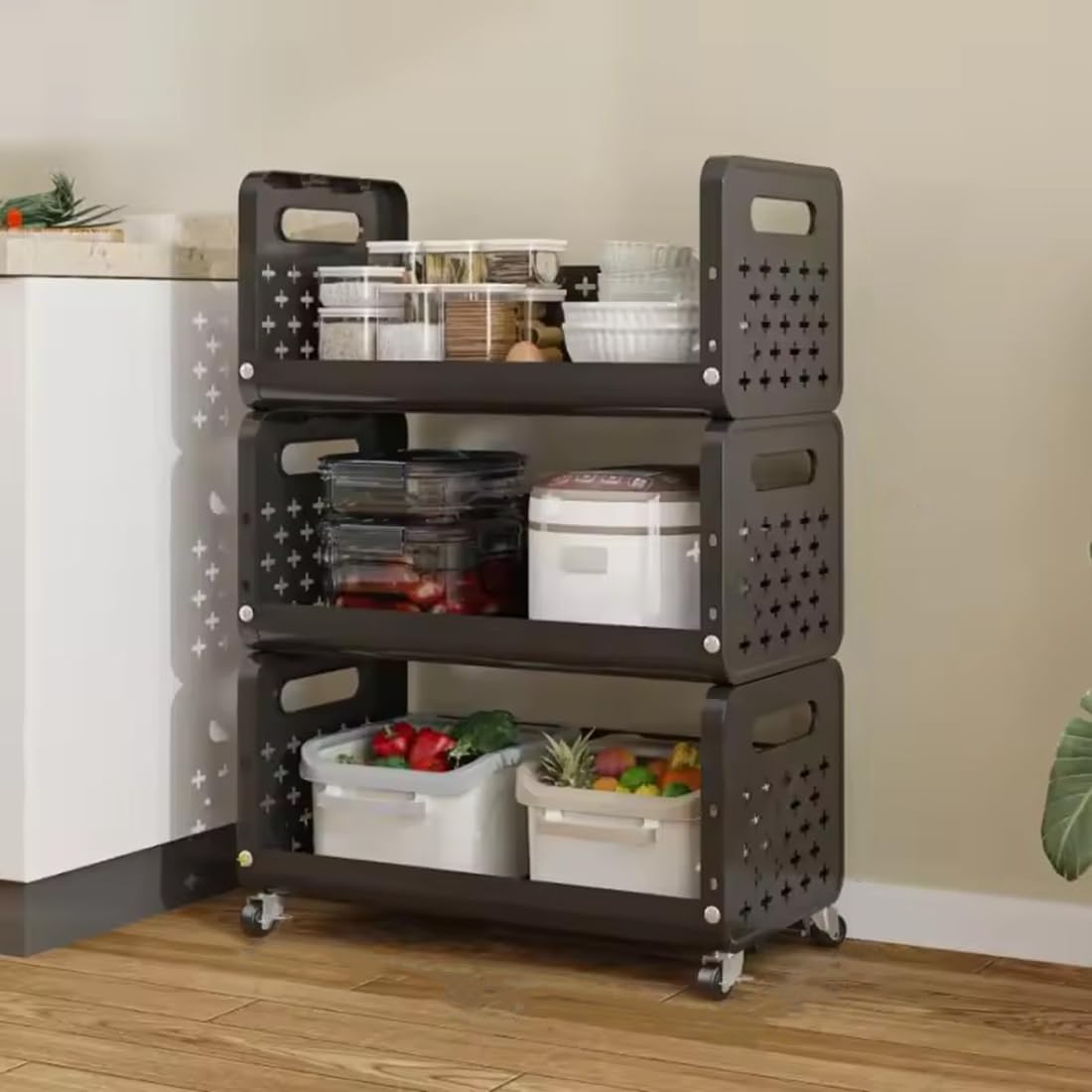 Lukzer 3-Tier Multipurpose Detachable Kitchen Storage Rack with Wheels (PMR-001/Black)