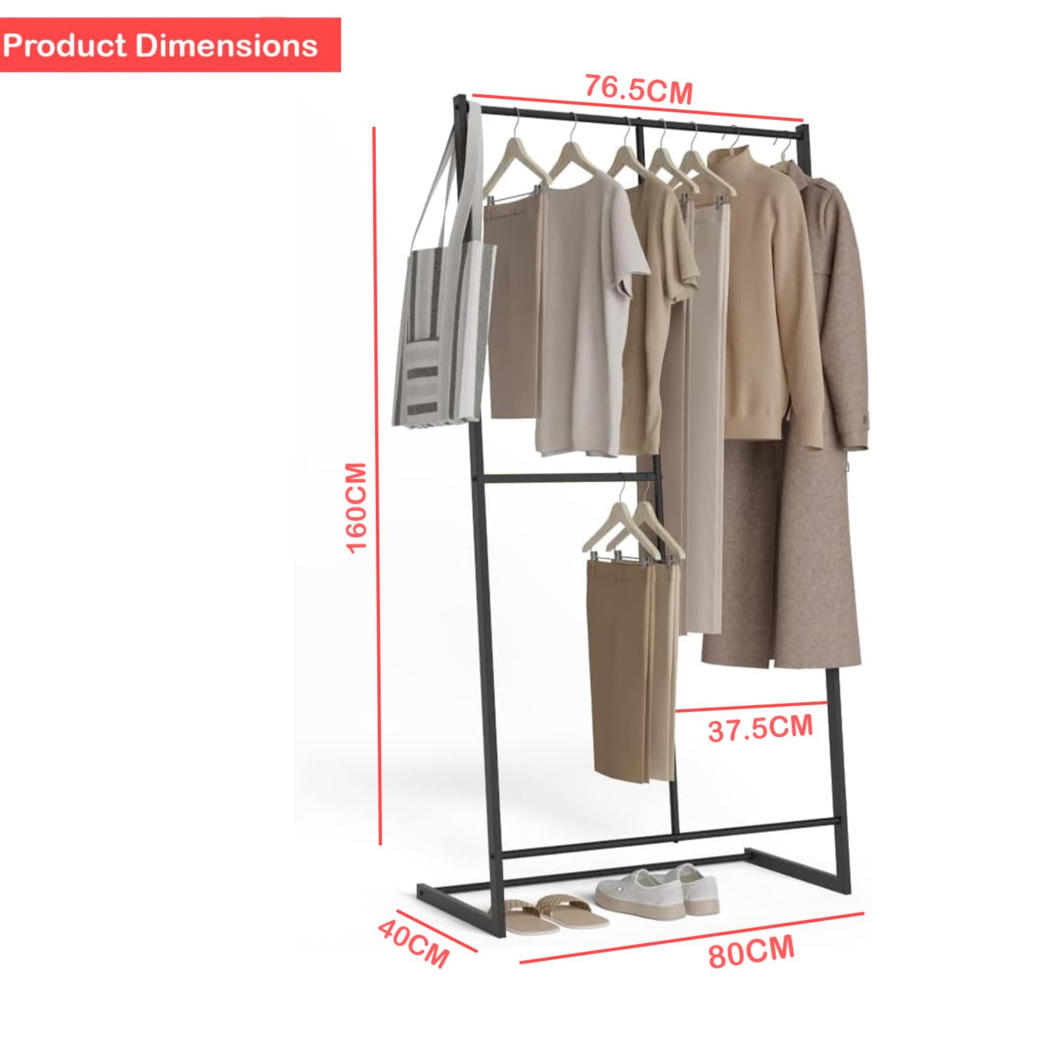 Multi-Rod Double Pole Garment Rack | (Black/160x80x40cm)