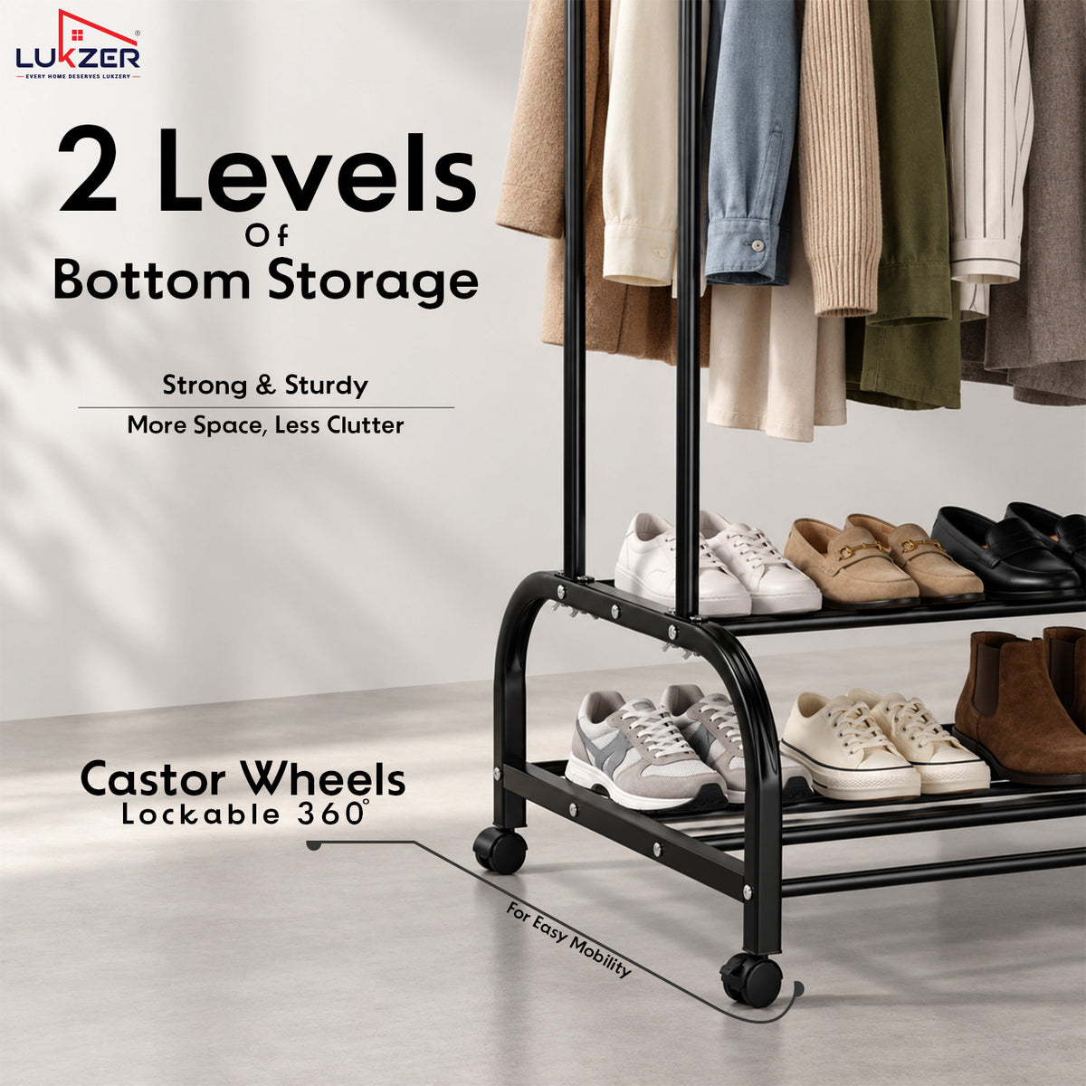 Lukzer Metal Garment Stand with 6 Shelves & Double Rods with Side Hooks & Wheels (MGS-008)