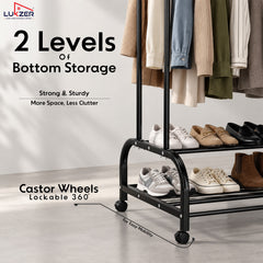 Lukzer Metal Garment Stand with 6 Shelves & Double Rods with Side Hooks & Wheels (MGS-008)