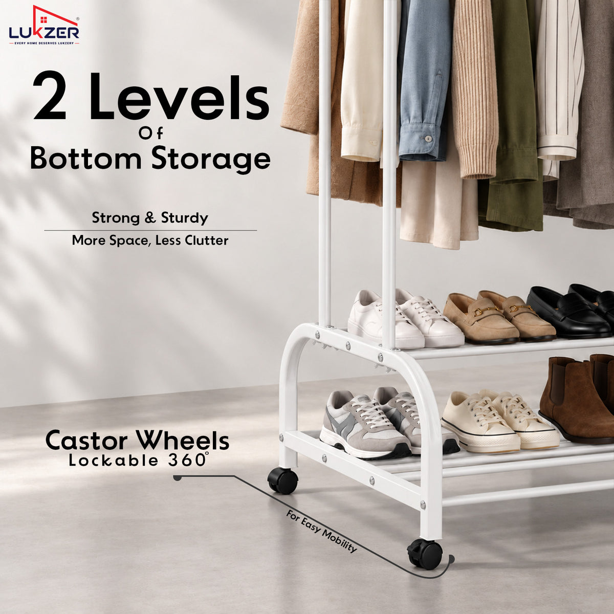 Lukzer Metal Garment Stand with 6 Shelves & Double Rods with Side Hooks & Wheels (MGS-008)