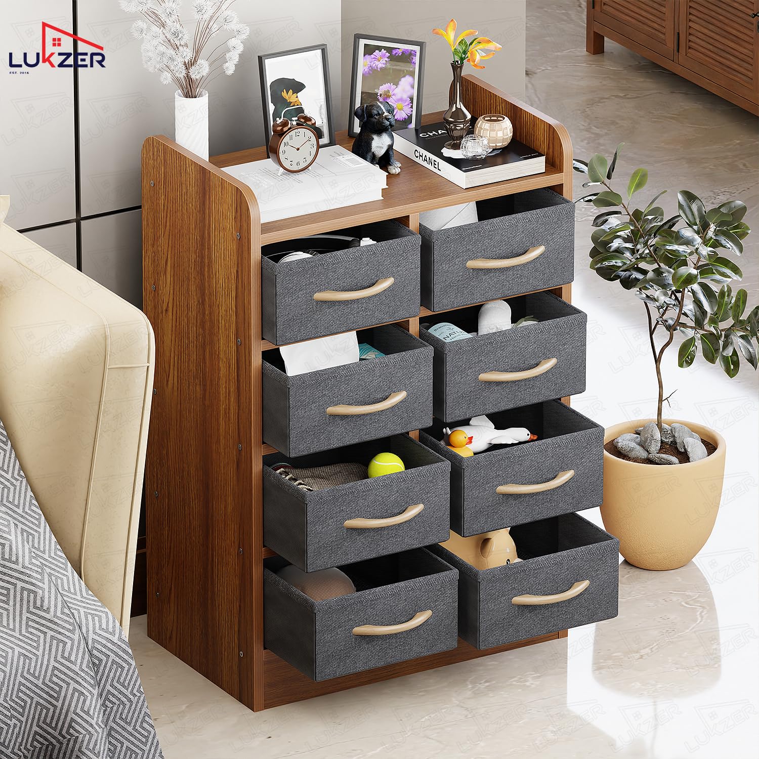 Lukzer 8 Drawer Engineered Wood Storage Organizer Cabinet with Fabric Bins (MR-028/Oak Brown)