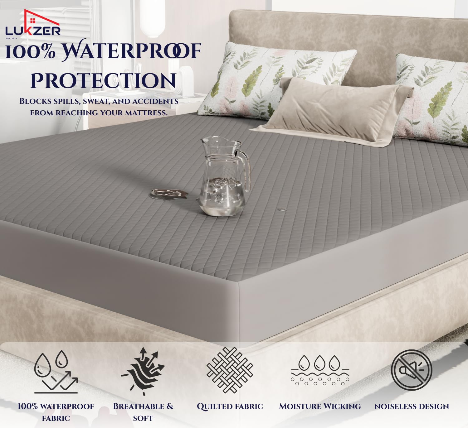 Lukzer Quilted Cotton Waterproof Mattress Protector Grey (MTP-QGR-001)