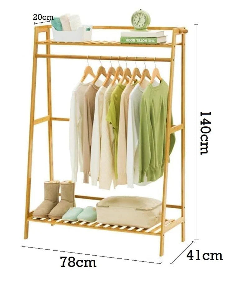 Lukzer Bamboo Garment Stand with Top & Bottom Shelves (CH-498)