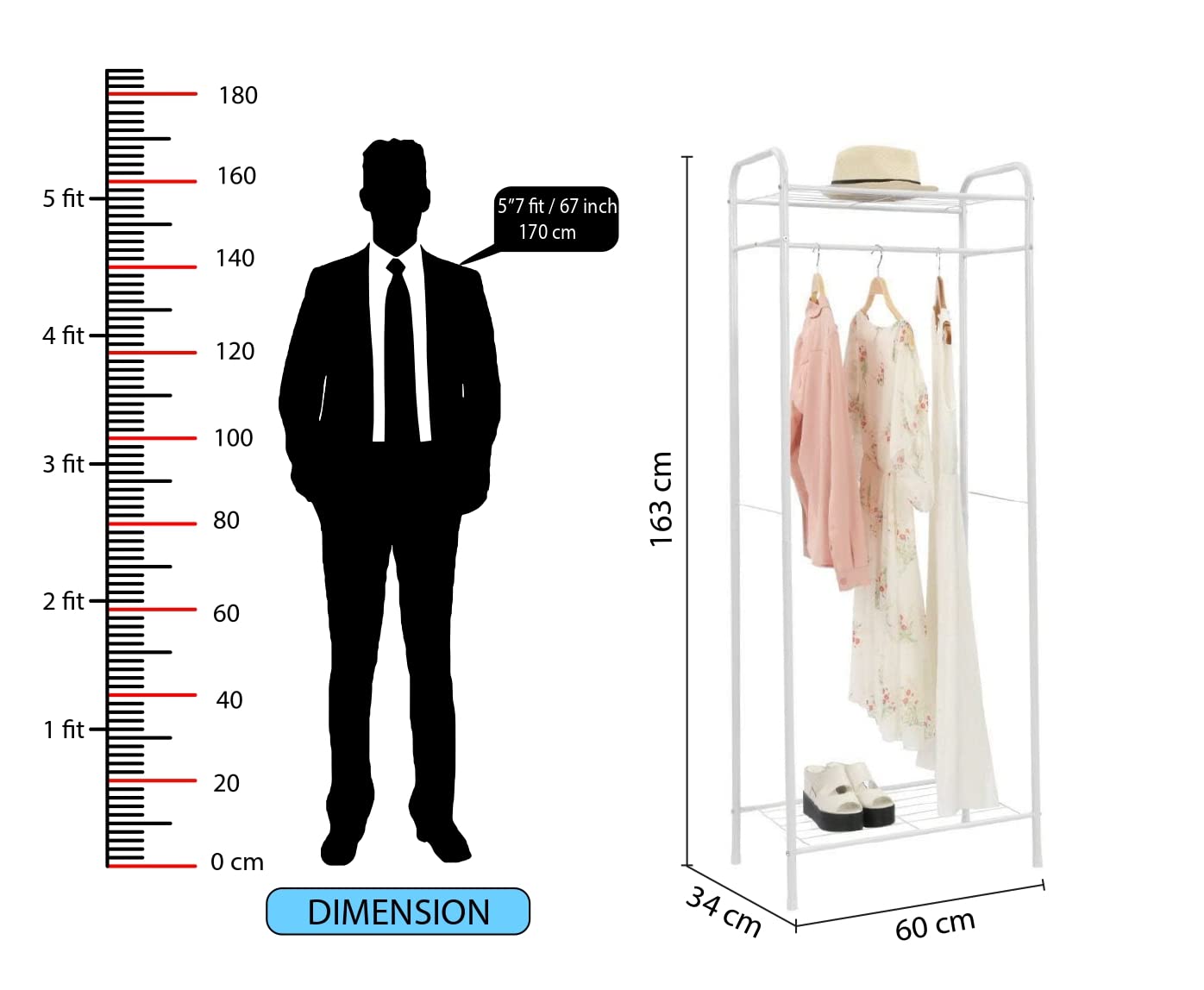 Garment Stand with Top and Bottom Shelves | (163x60x35cm)