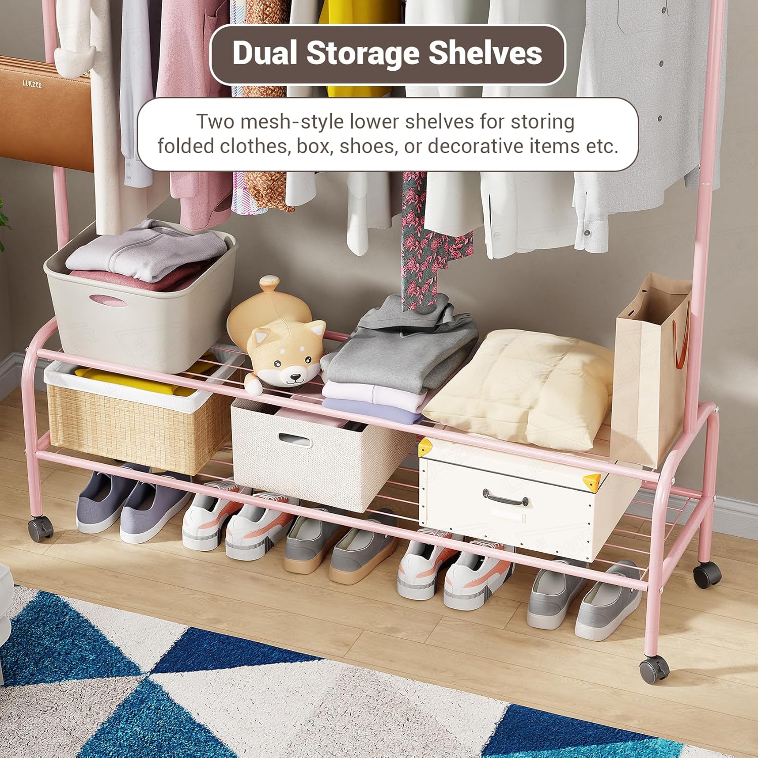 Lukzer Single Pole Portable Metal Garment Rack with 2 Bottom Shelves (MGR-008/Pink)