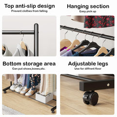 Lukzer Metal Double Rod Cloth Stand with Bottom Shelf & Wheels (MGS-006/Black)