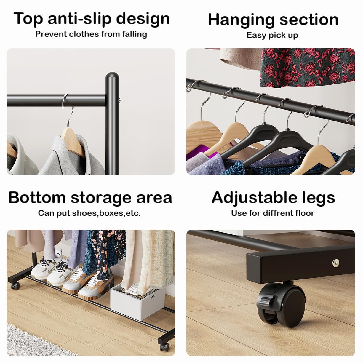 Lukzer Metal Double Rod Cloth Stand with Bottom Shelf & Wheels (MGS-006/Black)