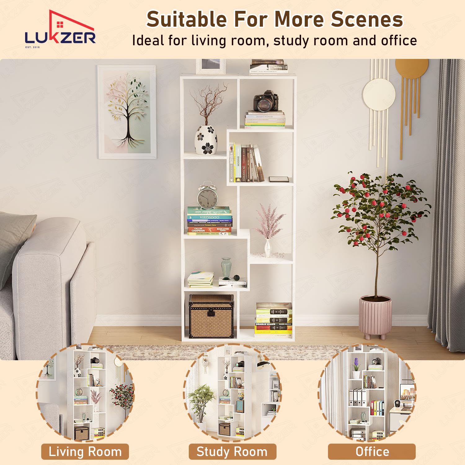 Lukzer 8 Shelves Modern Engineered Wood Book Shelf with Storage Display Rack (MR-004/White)