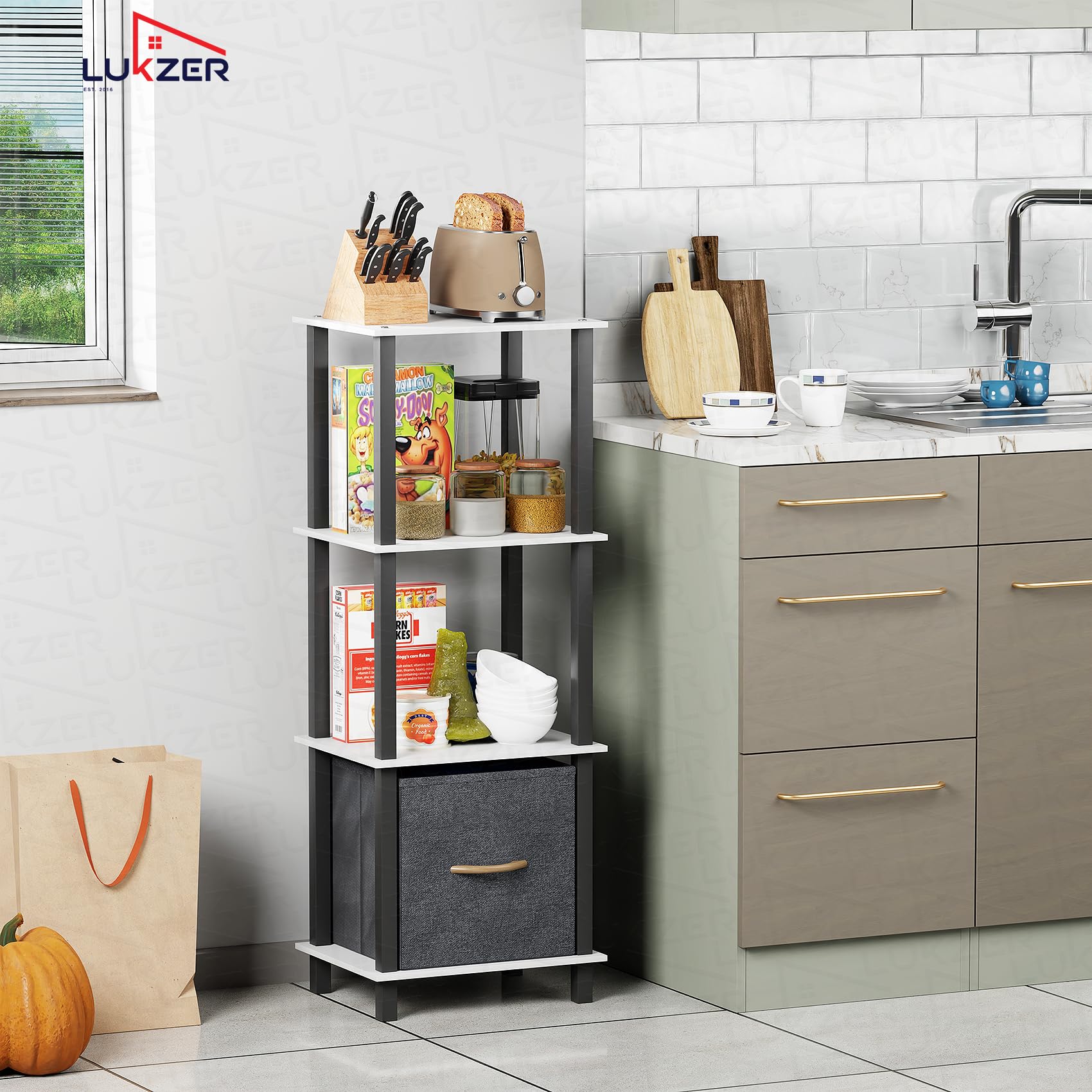 Lukzer 4-Tier Engineered Wood Bookshelf with Fabric Drawer (MRM-001/White)