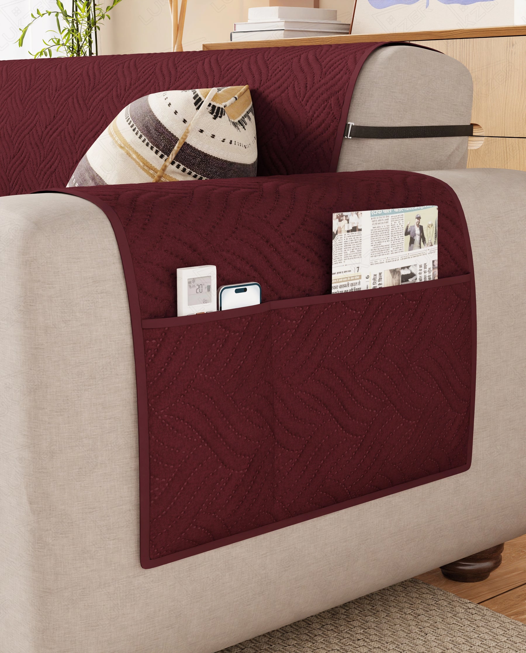 Lukzer Reversible Quilted Sofa Mat with Arms Aqua Weave Maroon (SC-218-01)