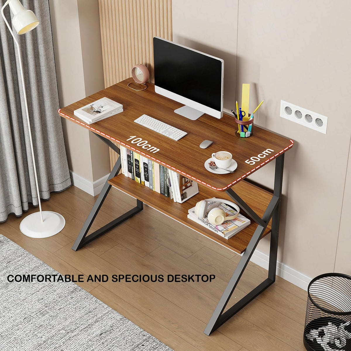 Lukzer Modern Engineered Wood Computer Desk with Bookshelf Oak Brown Top & Black Frame (MST-001)