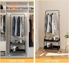 Lukzer 2-in-1 Portable Garment Rack with Wheels & 2-Tier Metal Baskets (Black/White, 32x66x156cm)
