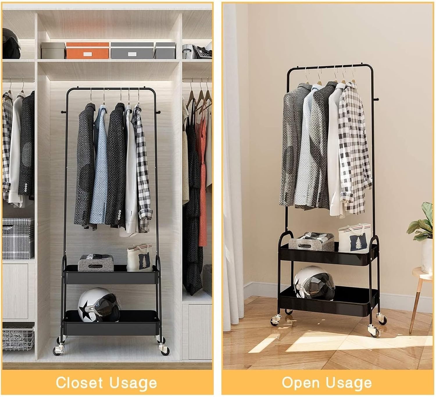Lukzer 2-in-1 Portable Garment Rack with Wheels & 2-Tier Metal Baskets (Black/White, 32x66x156cm)