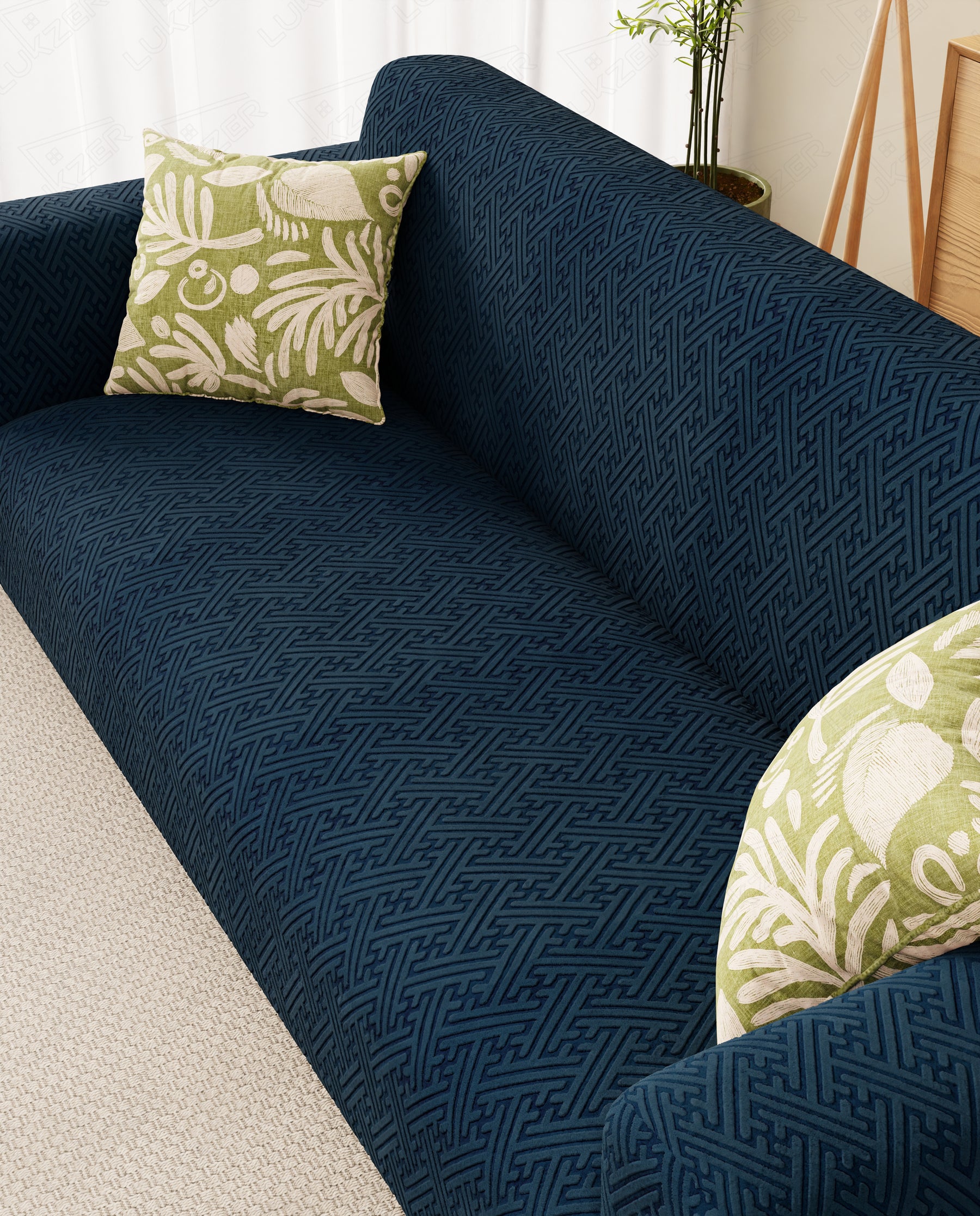 Lukzer Pastel Shades Textured Sofa Cover Marine Blue Grid Maze (SC-110-01)