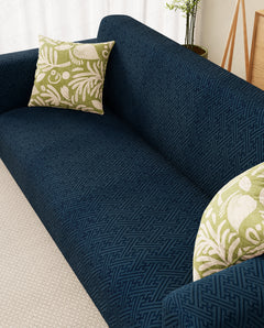 Lukzer Pastel Shades Textured Sofa Cover Marine Blue Grid Maze (SC-110-01)