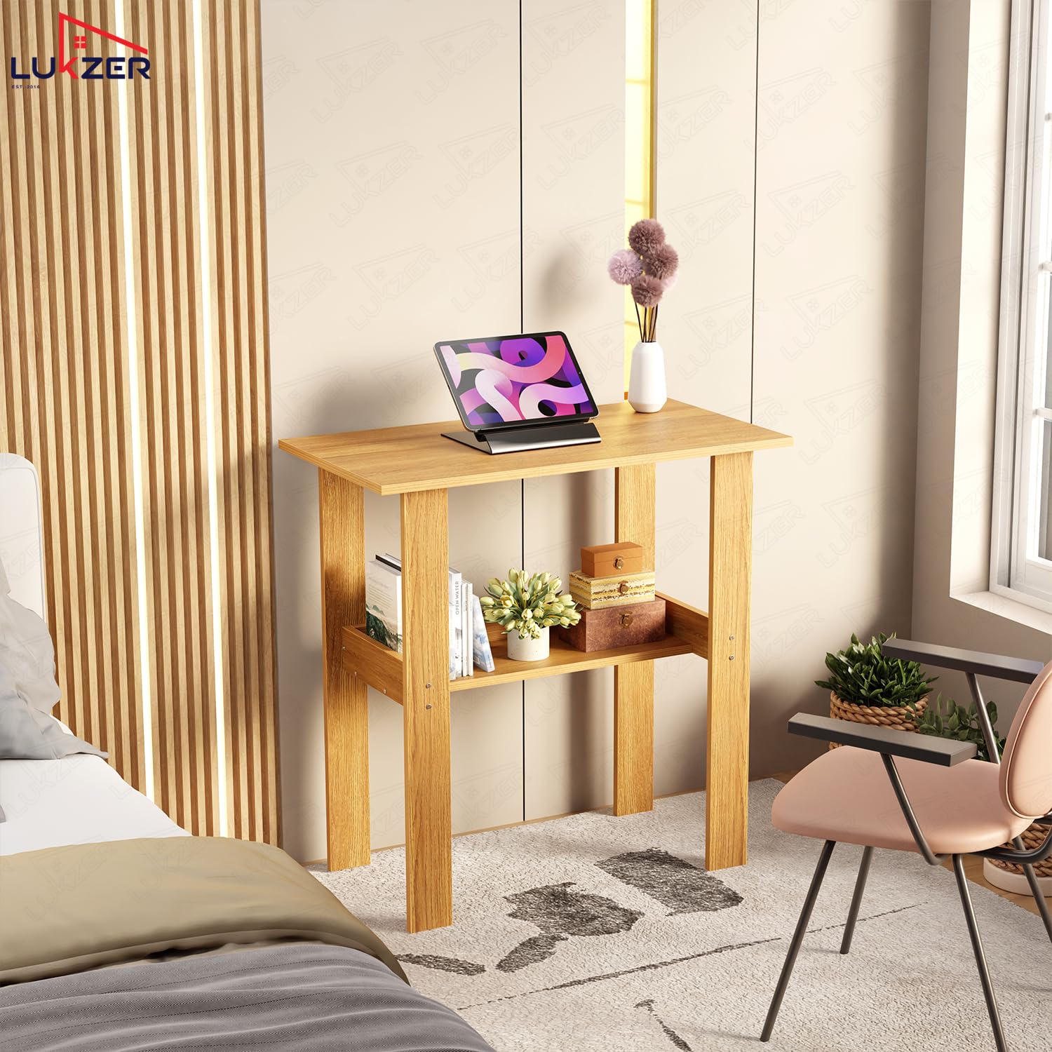 Lukzer Engineered Wood Kids Study Table with Open Shelf (ST-004S/Oak Light)