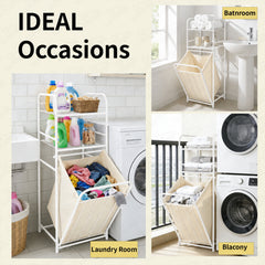 Lukzer Laundry Basket with 2-Tier Metal Storage Shelves & Detachable Fabric Hamper (White)