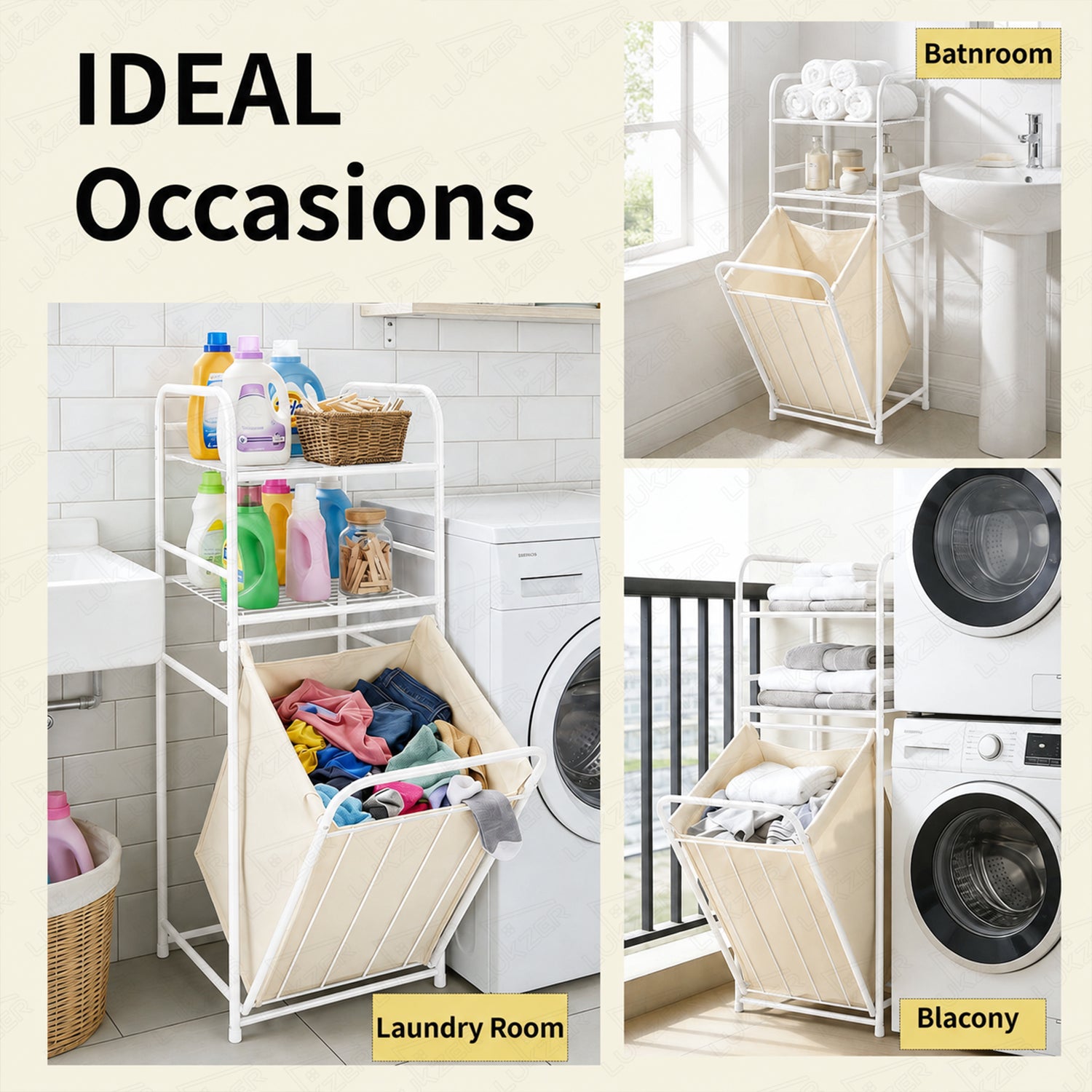 Lukzer Laundry Basket with 2-Tier Metal Storage Shelves & Detachable Fabric Hamper (White)