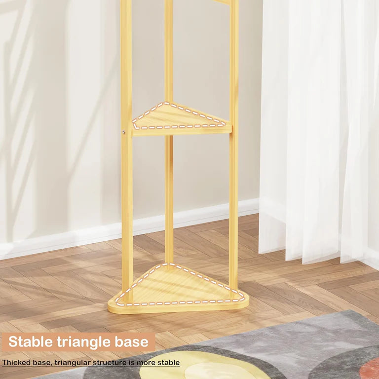 Lukzer Triangular Bamboo Coat & Garment Stand with 6 Side Hooks & Dual Shelves (CH-035)