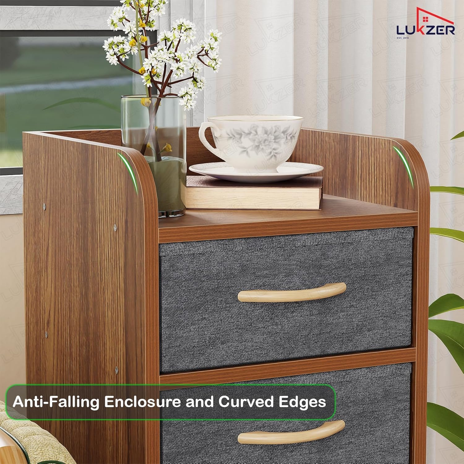 Lukzer 5-Drawer Engineered Wood Storage Cabinet with Fabric Bins & Wheels (MR-027/Oak Brown)
