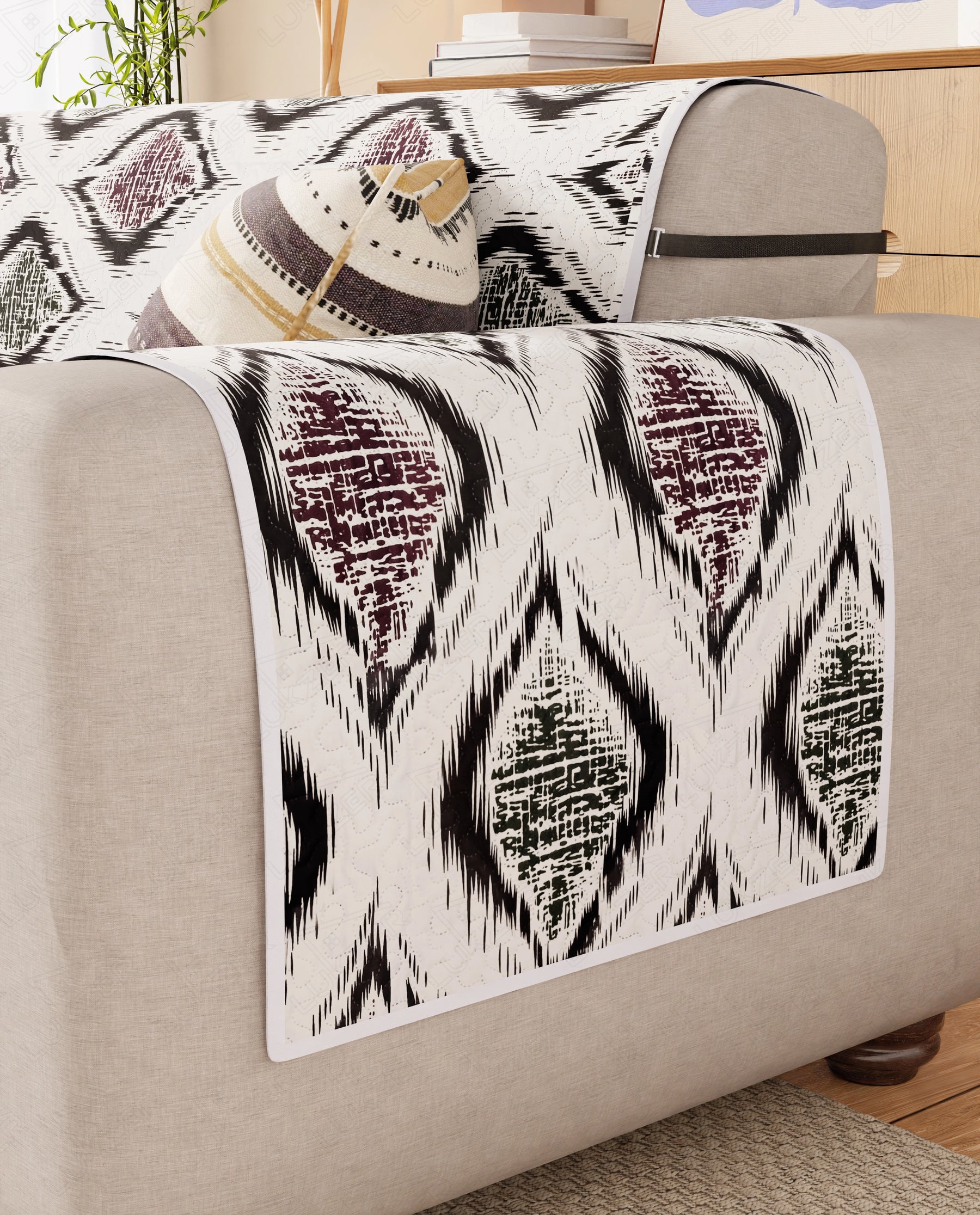 Lukzer Reversible Quilted Sofa Mat with Arms Ikat Rose (SC-203-01)