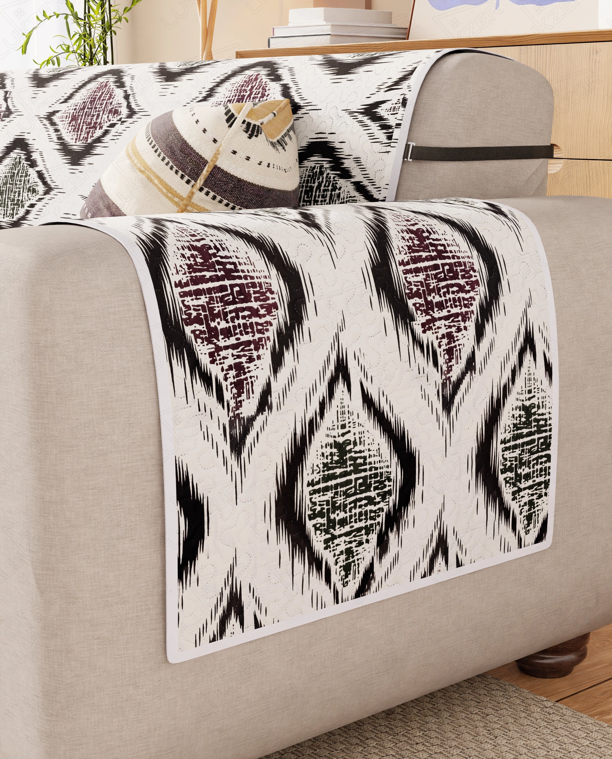 Lukzer Reversible Quilted Sofa Mat with Arms Ikat Rose (SC-203-01)