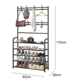 Lukzer Space-Saving Metal Garment Stand with 8 Hangers & 5-Tier Storage – Black/White (170x80x26cm)