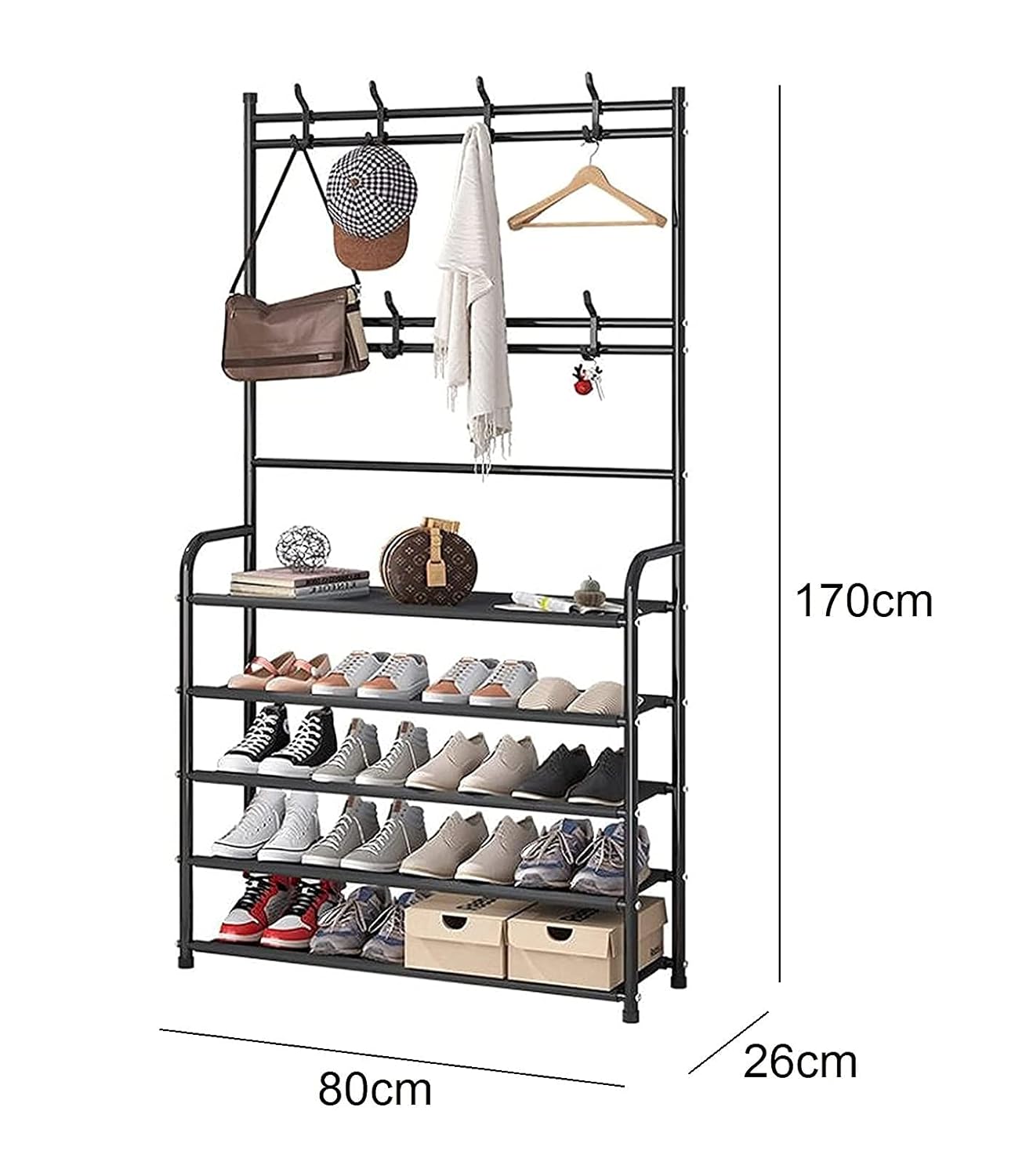 Lukzer Space-Saving Metal Garment Stand with 8 Hangers & 5-Tier Storage – Black/White (170x80x26cm)