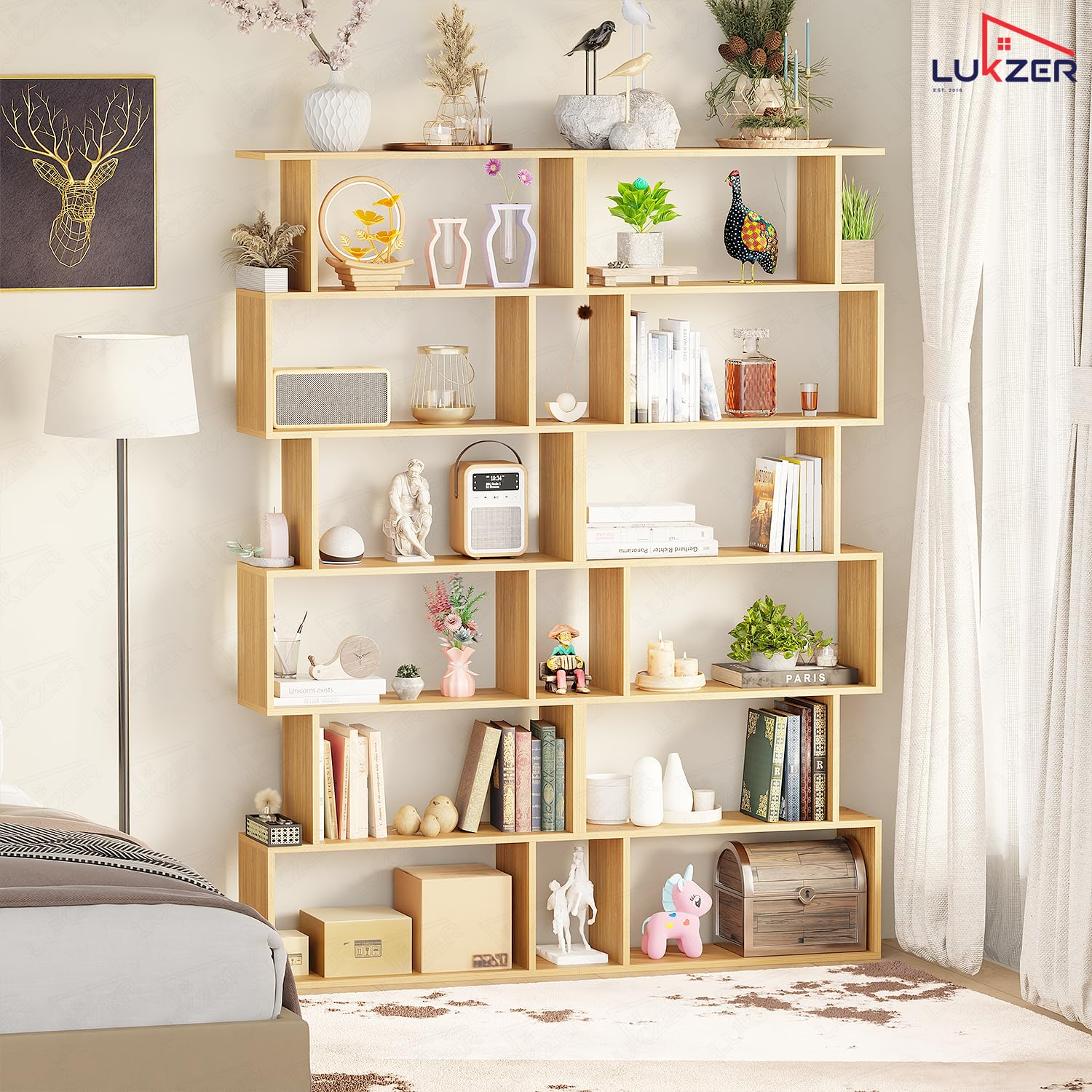 Lukzer 6-Layer S-Shaped Ladder Engineered Wood Open Bookshelf Rack (MR-002, Light Oak)