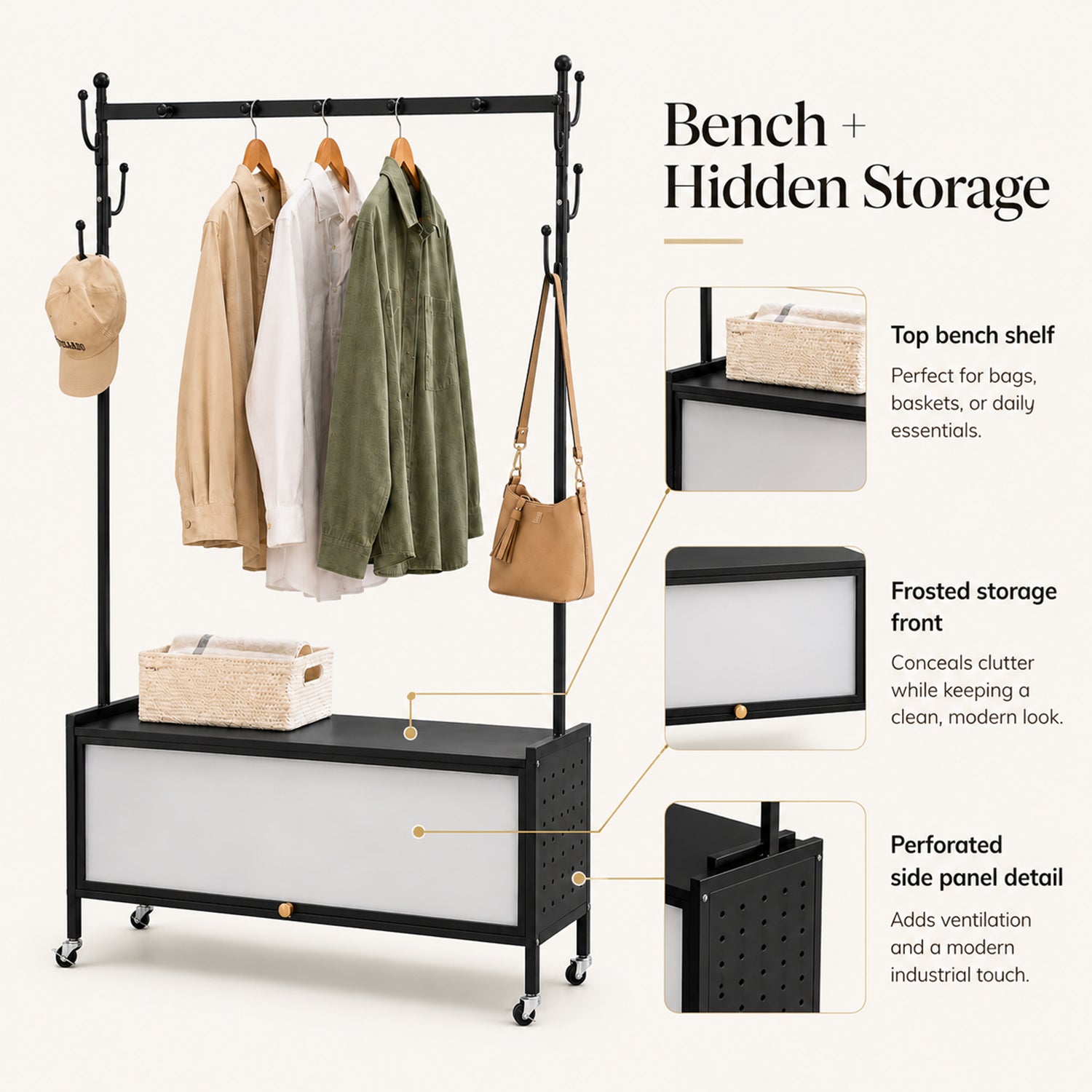 Lukzer Metal Garment Rack with Dust-Proof Storage Shelf & Multiple Hooks (Black)