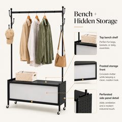Lukzer Metal Garment Rack with Dust-Proof Storage Shelf & Multiple Hooks (Black)